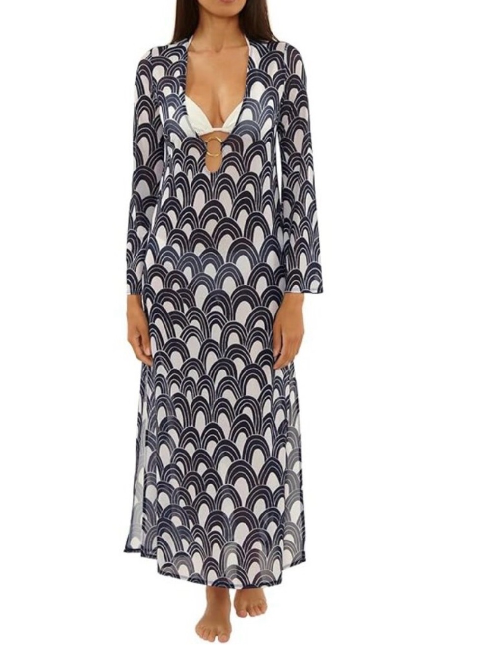 Trina Turk Navy and White Wave-Print Long Swim Coverup
